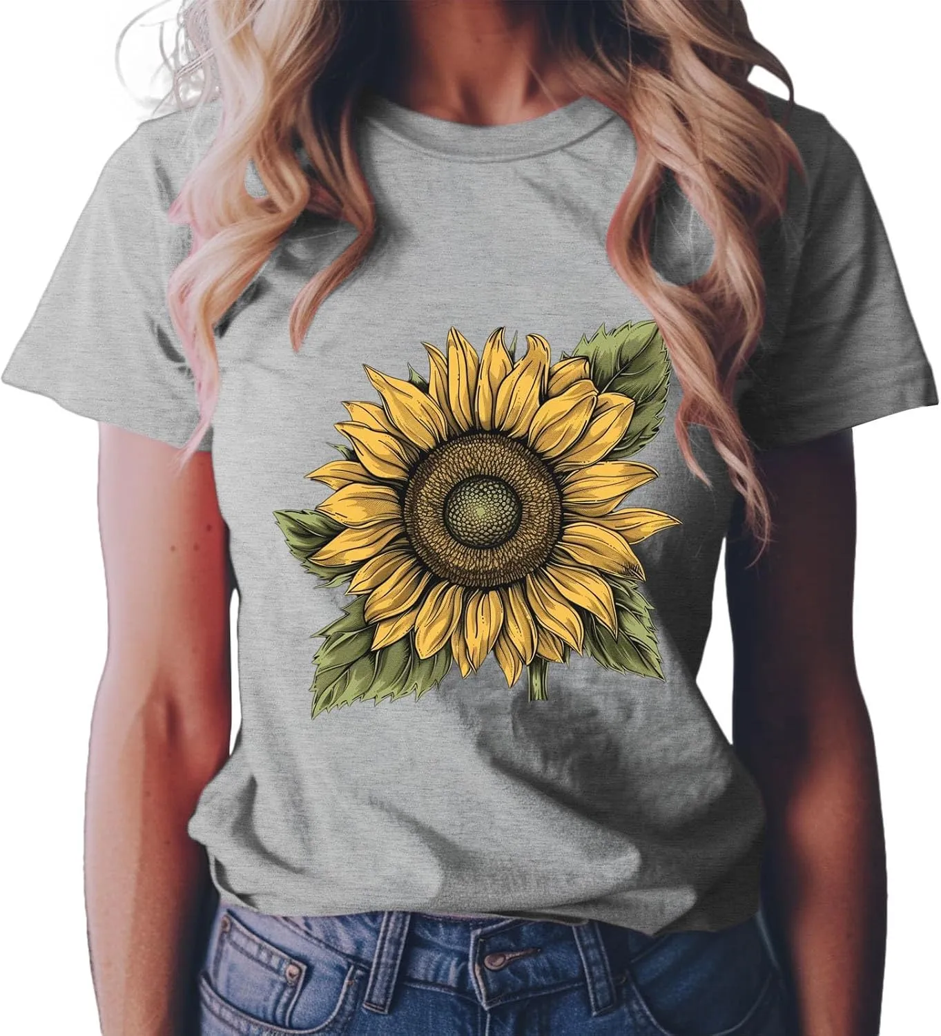 Summer Tops for Women 2025 Sunflower T Shirt Flower Graphic Loose Fit Classic Crewneck Short Sleeve Tops