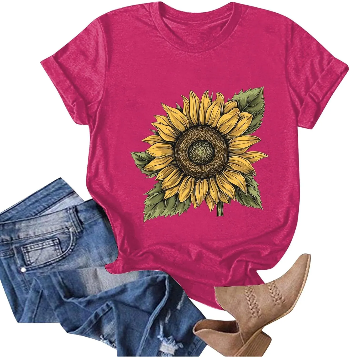 Summer Tops for Women 2025 Sunflower T Shirt Flower Graphic Loose Fit Classic Crewneck Short Sleeve Tops