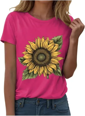 Summer Tops for Women 2025 Sunflower T Shirt Flower Graphic Loose Fit Classic Crewneck Short Sleeve Tops