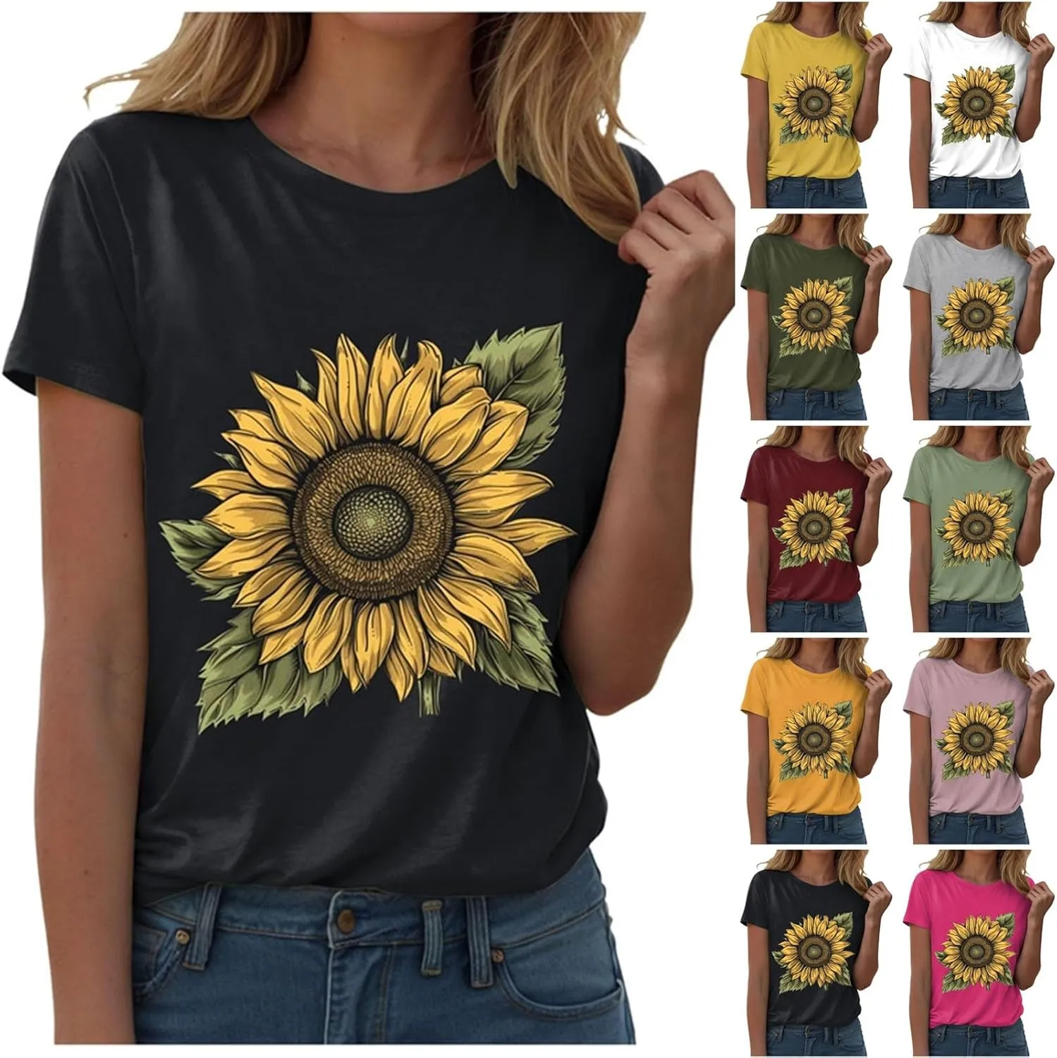 Summer Tops for Women 2025 Sunflower T Shirt Flower Graphic Loose Fit Classic Crewneck Short Sleeve Tops