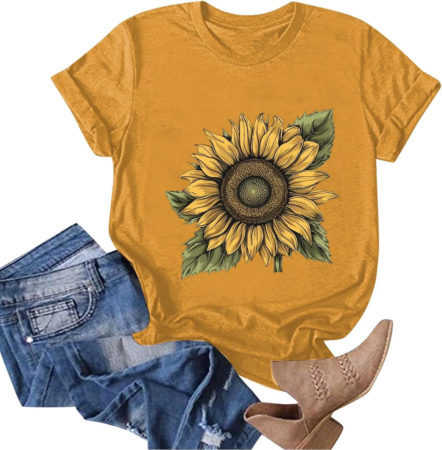 Summer Tops for Women 2025 Sunflower T Shirt Flower Graphic Loose Fit Classic Crewneck Short Sleeve Tops