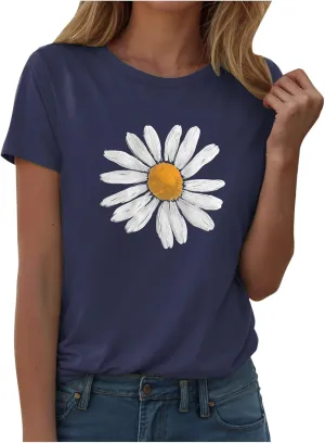 Summer Tops for Women 2025 Trendy Casual Round Neck Short Sleeve Blouses Floral Print Vintage Tee Shirts