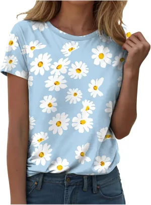 Summer Tops for Women 2025 Trendy Cute Floral Print Tee Shirts Casual Short Sleeve Crewneck Tee Blouses