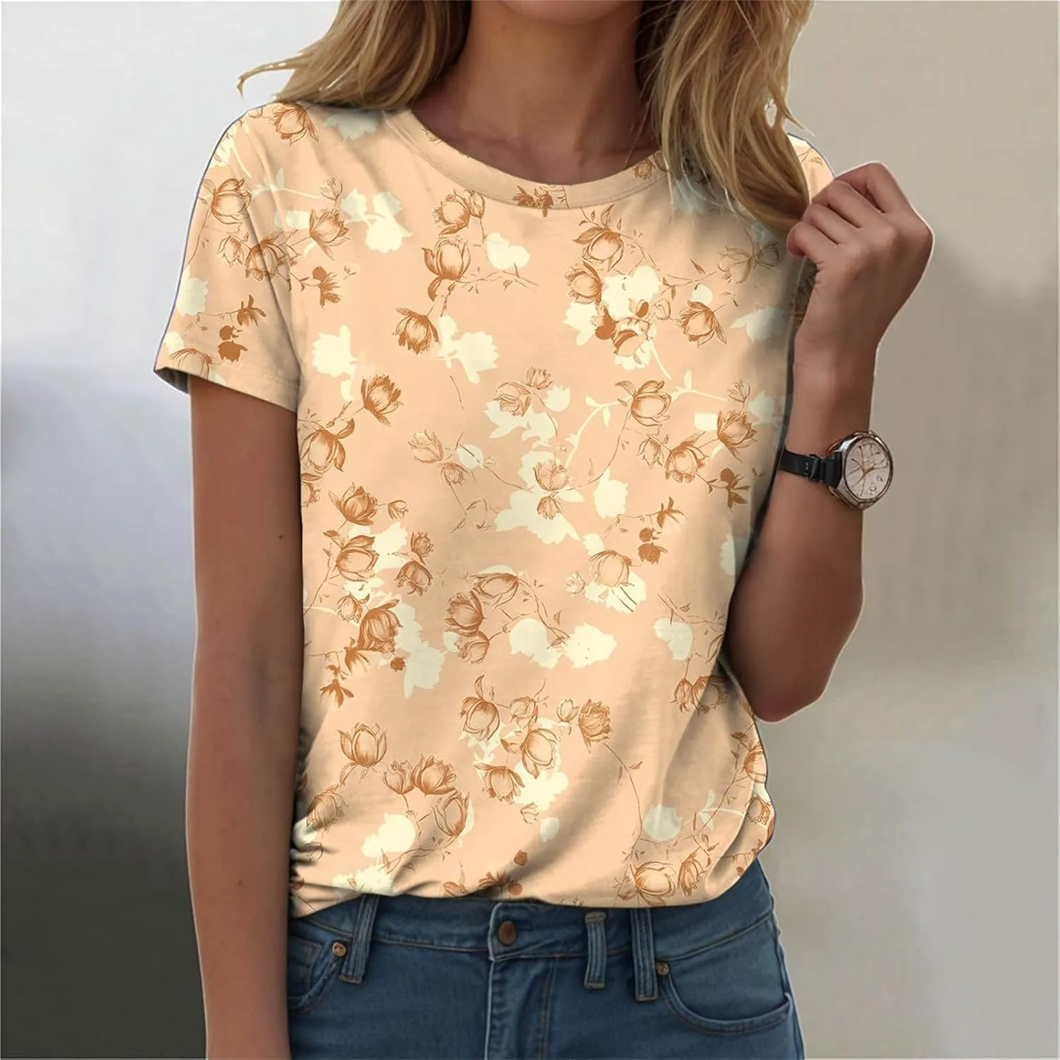 Summer Tops for Women 2025 Trendy Cute Floral Print Tee Shirts Casual Short Sleeve Crewneck Tee Blouses