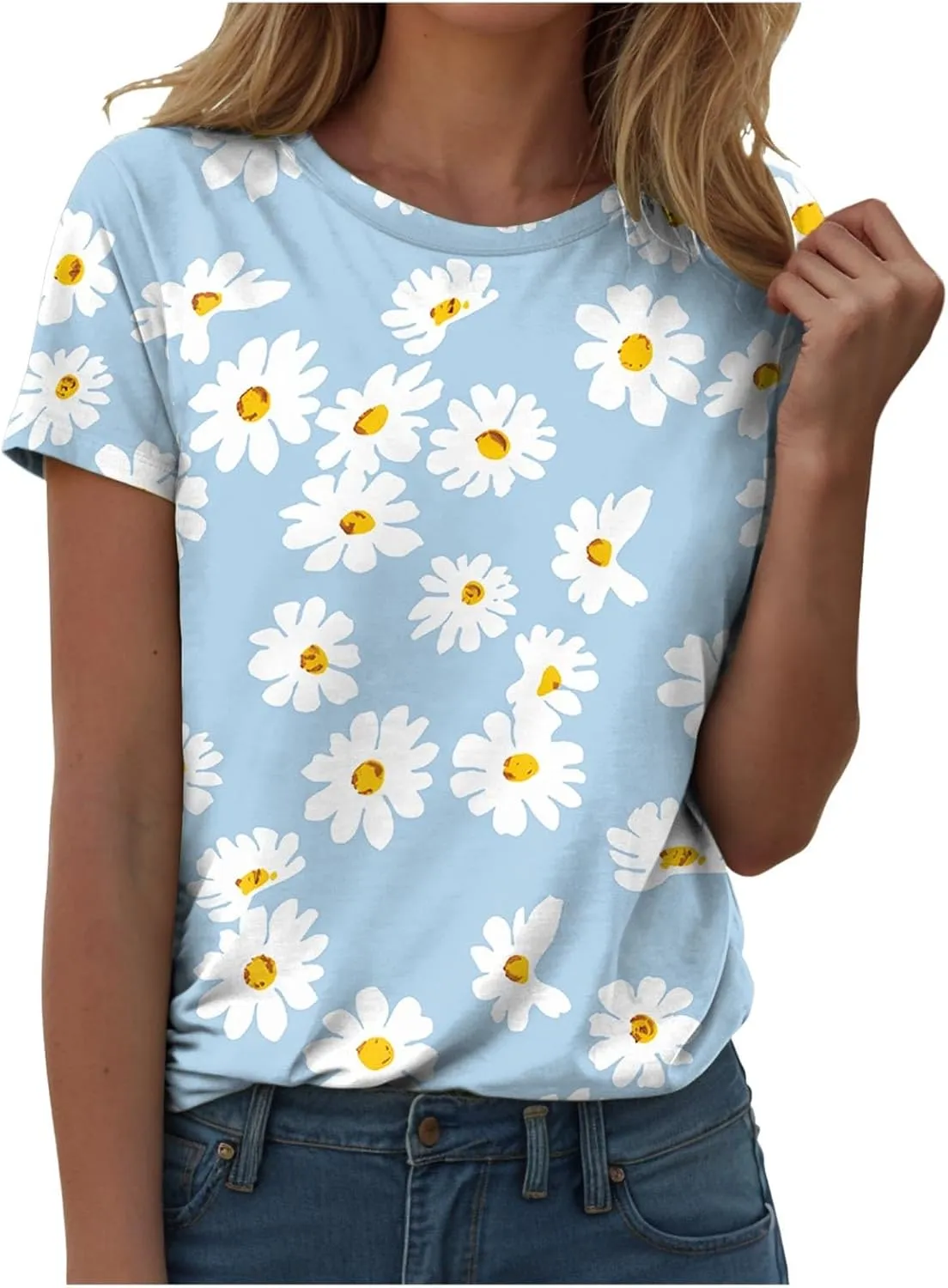 Summer Tops for Women 2025 Trendy Cute Floral Print Tee Shirts Casual Short Sleeve Crewneck Tee Blouses