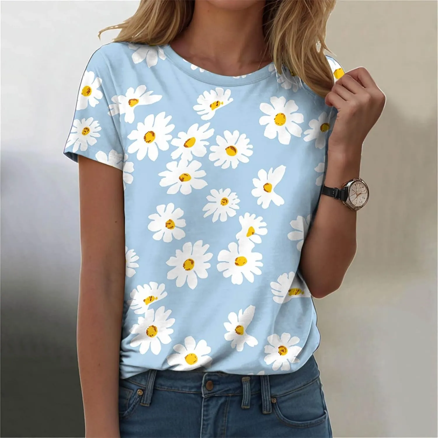 Summer Tops for Women 2025 Trendy Cute Floral Print Tee Shirts Casual Short Sleeve Crewneck Tee Blouses