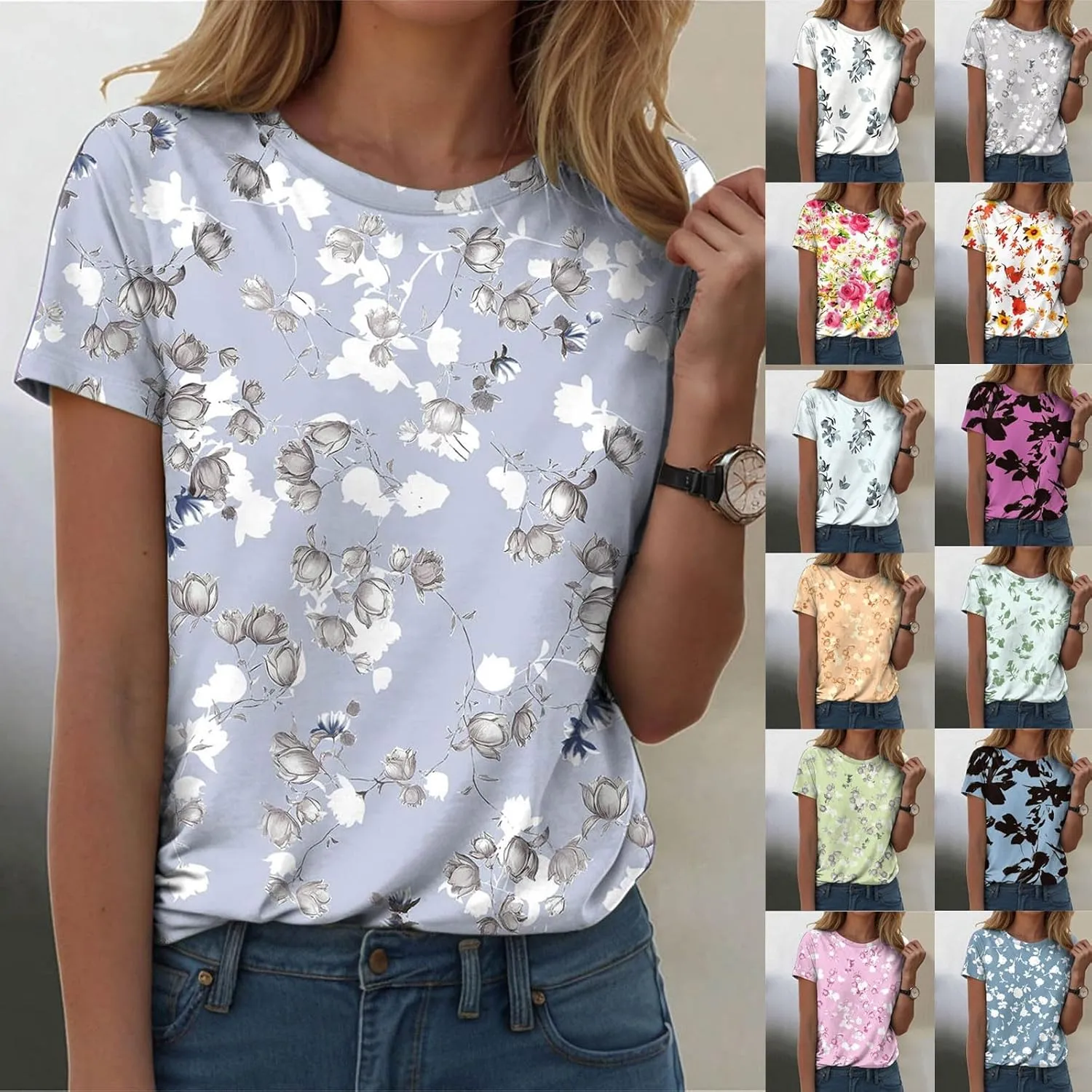 Summer Tops for Women 2025 Trendy Cute Floral Print Tee Shirts Casual Short Sleeve Crewneck Tee Blouses