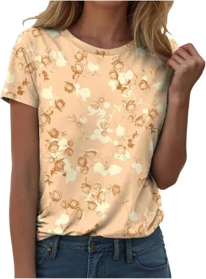 Summer Tops for Women 2025 Trendy Cute Floral Print Tee Shirts Casual Short Sleeve Crewneck Tee Blouses