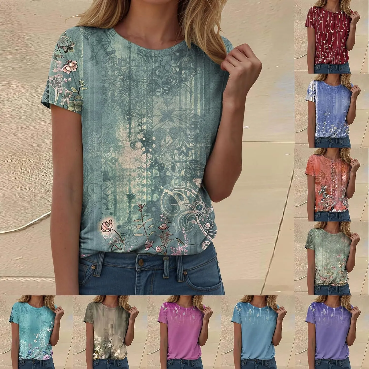 Summer Tops for Women 2025 Trendy Floral Pattern T-Shirts Crew Neck Short Sleeve Blouses Casual Loose Fit Outfits