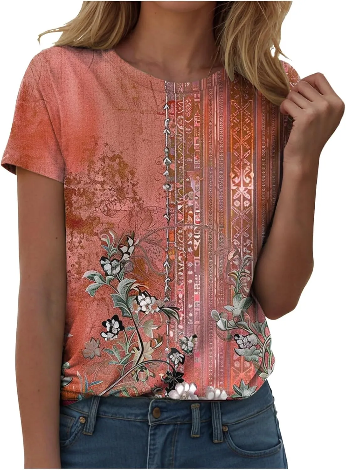 Summer Tops for Women 2025 Trendy Floral Pattern T-Shirts Crew Neck Short Sleeve Blouses Casual Loose Fit Outfits