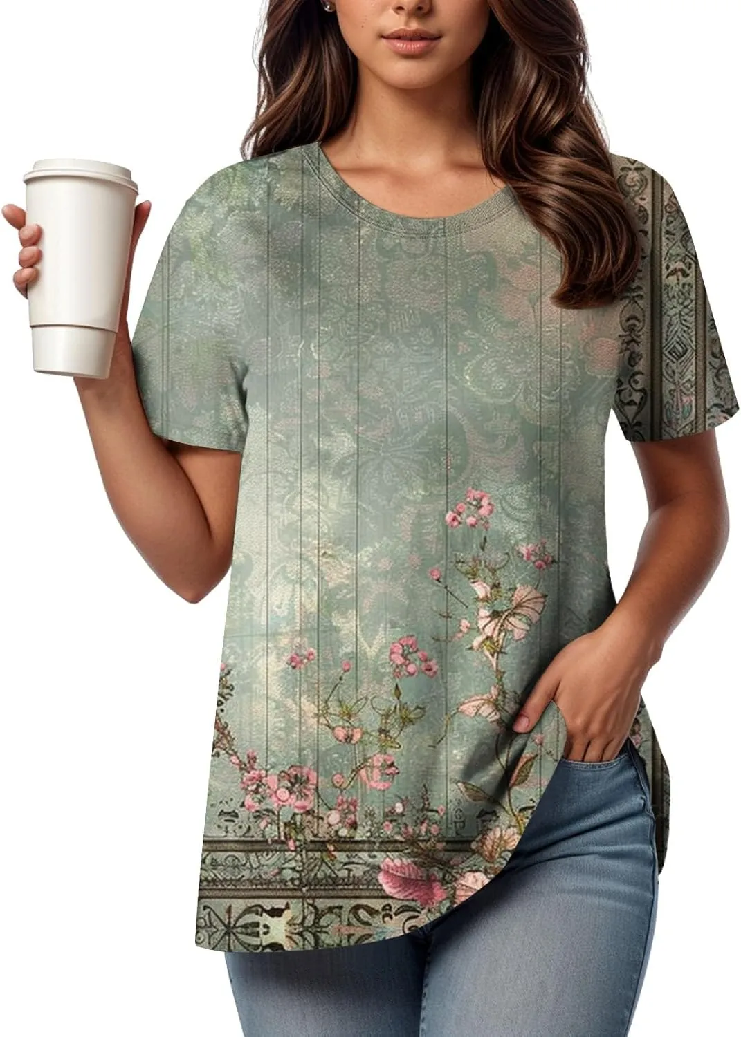 Summer Tops for Women 2025 Trendy Floral Pattern T-Shirts Crew Neck Short Sleeve Blouses Casual Loose Fit Outfits