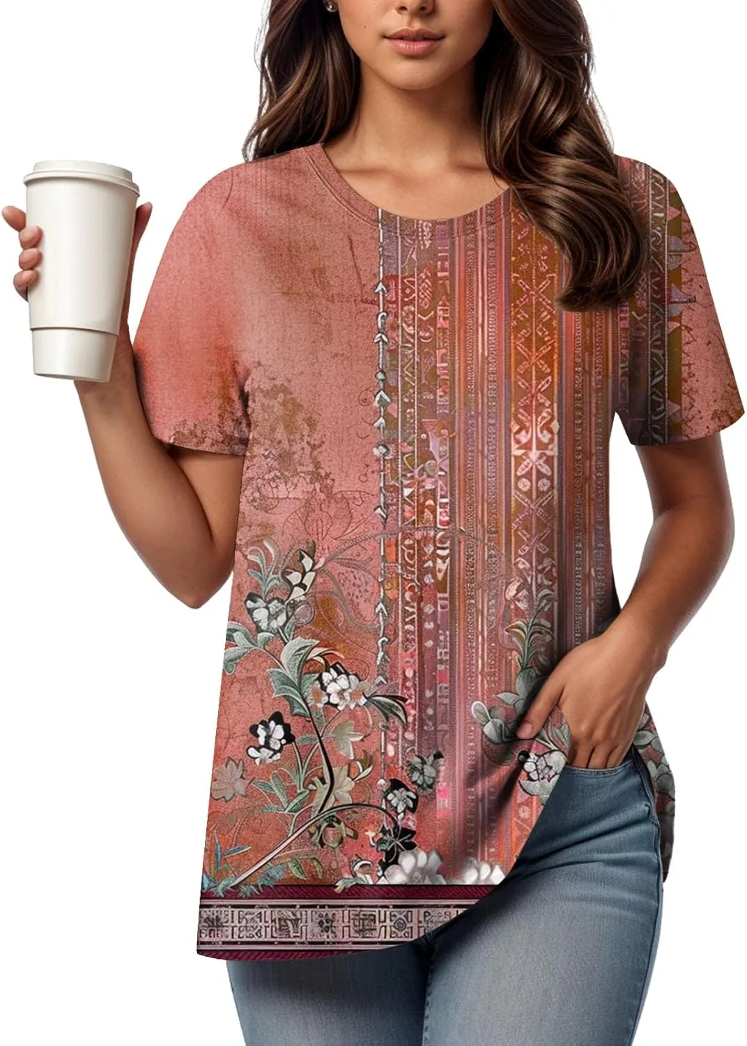 Summer Tops for Women 2025 Trendy Floral Pattern T-Shirts Crew Neck Short Sleeve Blouses Casual Loose Fit Outfits