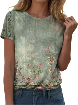 Summer Tops for Women 2025 Trendy Floral Pattern T-Shirts Crew Neck Short Sleeve Blouses Casual Loose Fit Outfits