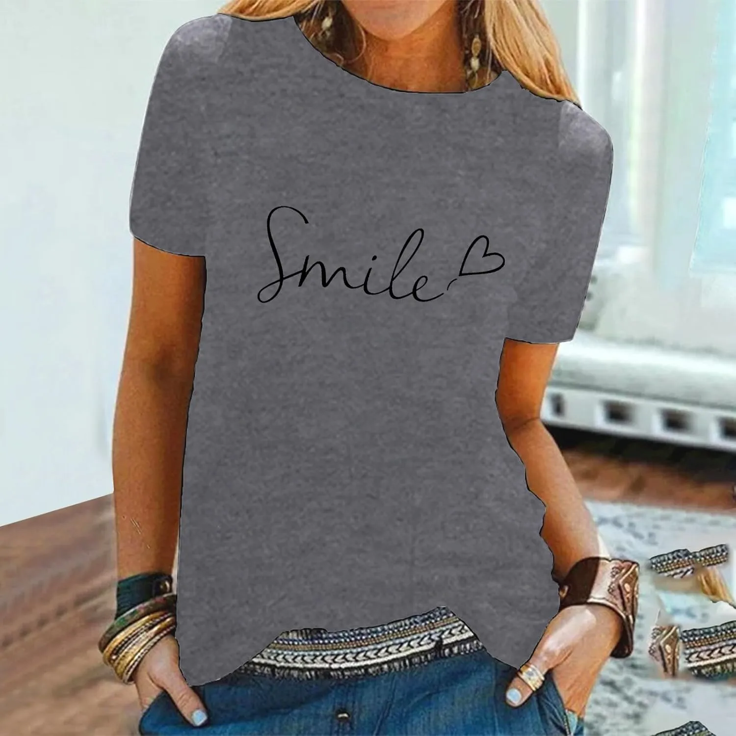 Summer Tops for Women 2025 Trendy Short Sleeve Blouses Round Neck Printed Pullover Casual Plus Size T Shirts