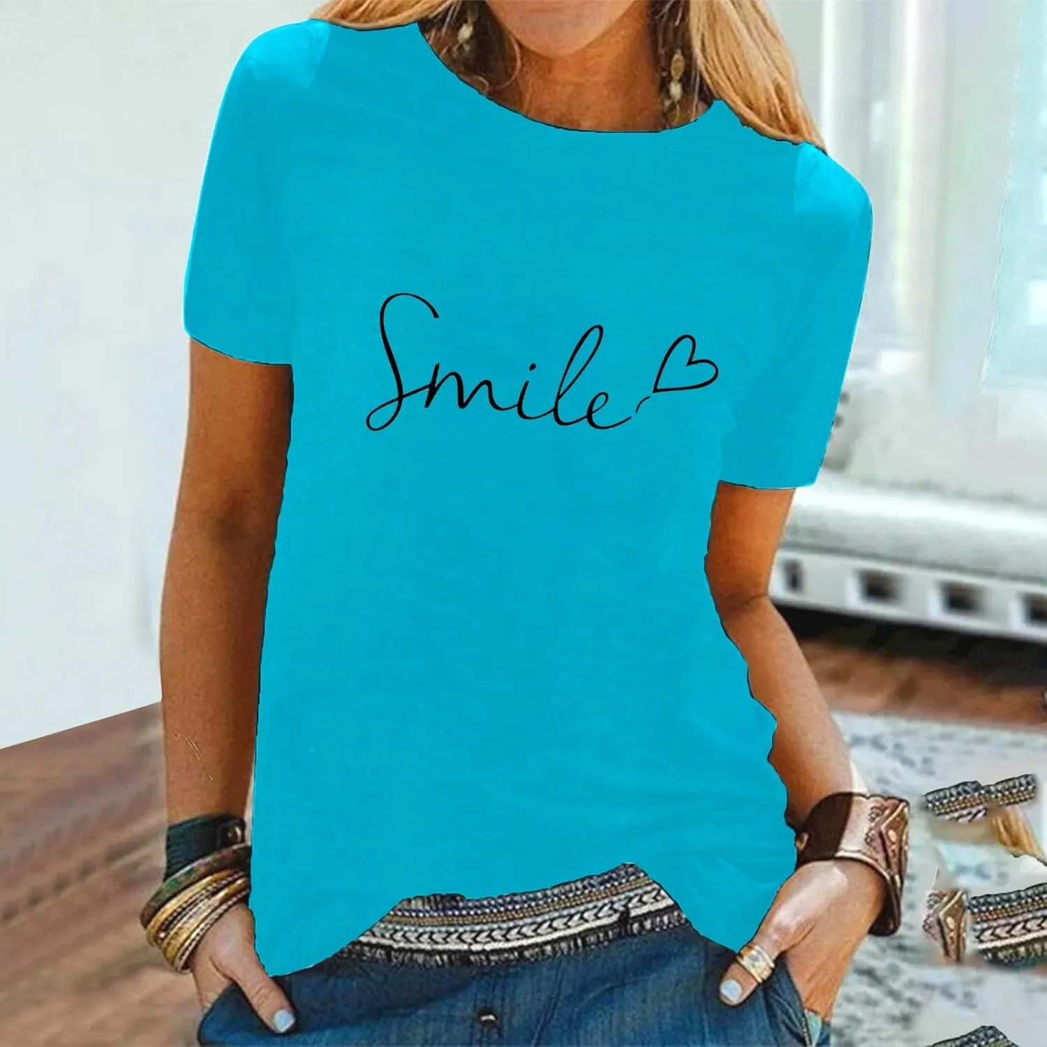 Summer Tops for Women 2025 Trendy Short Sleeve Blouses Round Neck Printed Pullover Casual Plus Size T Shirts
