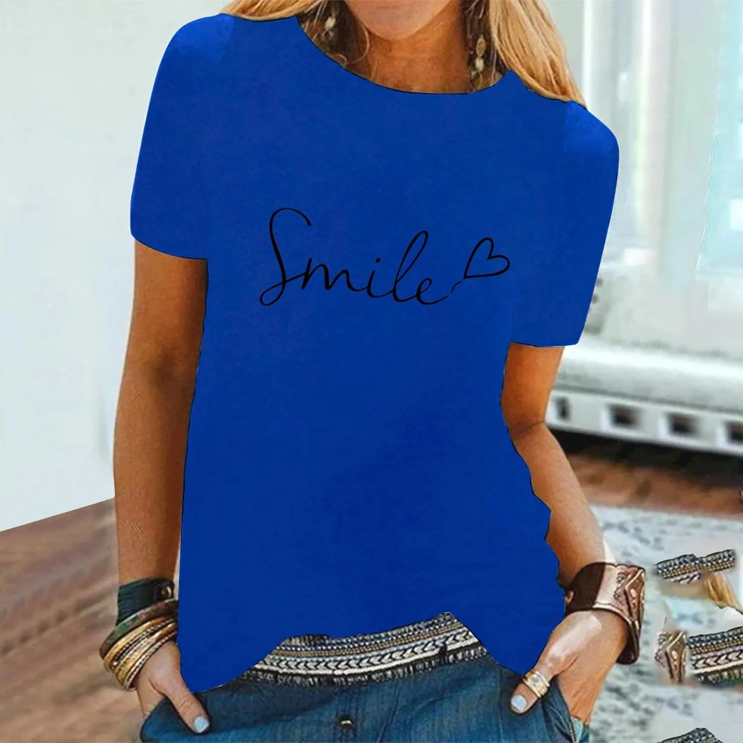 Summer Tops for Women 2025 Trendy Short Sleeve Blouses Round Neck Printed Pullover Casual Plus Size T Shirts