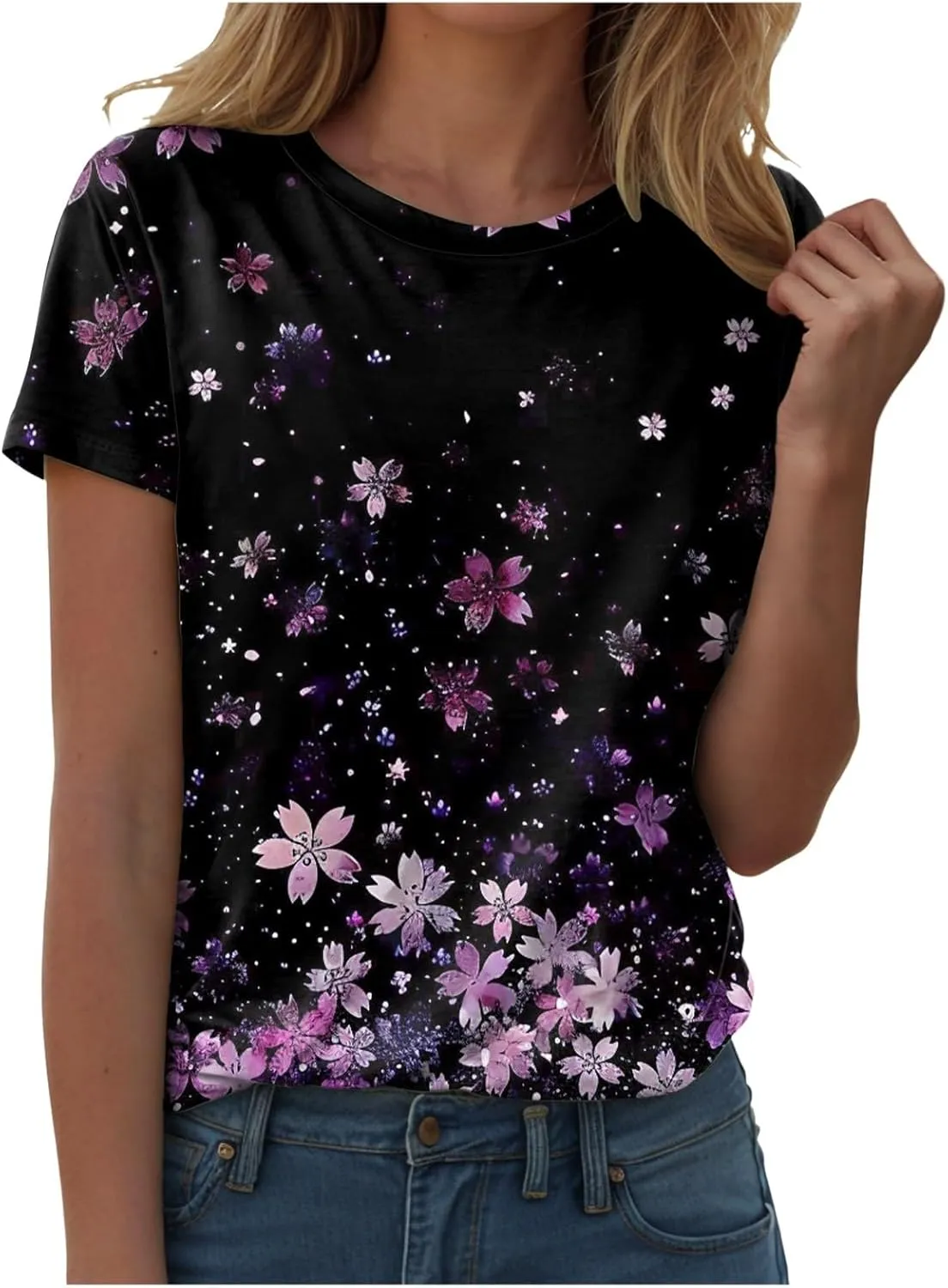 Summer Tops for Women 2025 Trendy Short Sleeve Boho Shirts Retro Floral Plus Size Casual Crewneck Tshirt