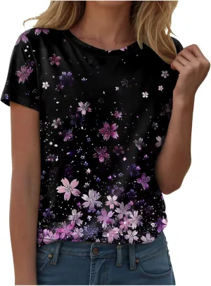 Summer Tops for Women 2025 Trendy Short Sleeve Boho Shirts Retro Floral Plus Size Casual Crewneck Tshirt
