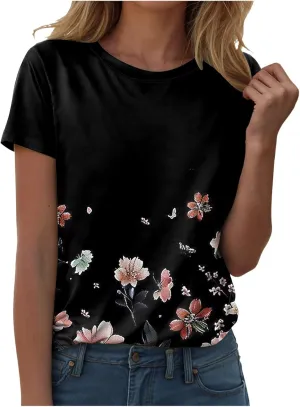 Summer Tops for Women 2025 Trendy Short Sleeve Boho Shirts Retro Floral Plus Size Casual Crewneck Tshirt