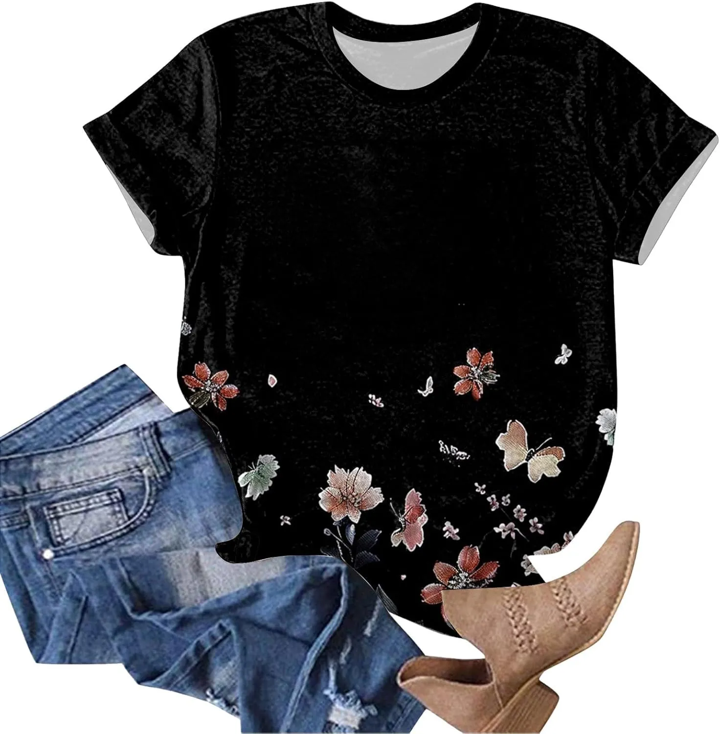 Summer Tops for Women 2025 Trendy Short Sleeve Boho Shirts Retro Floral Plus Size Casual Crewneck Tshirt