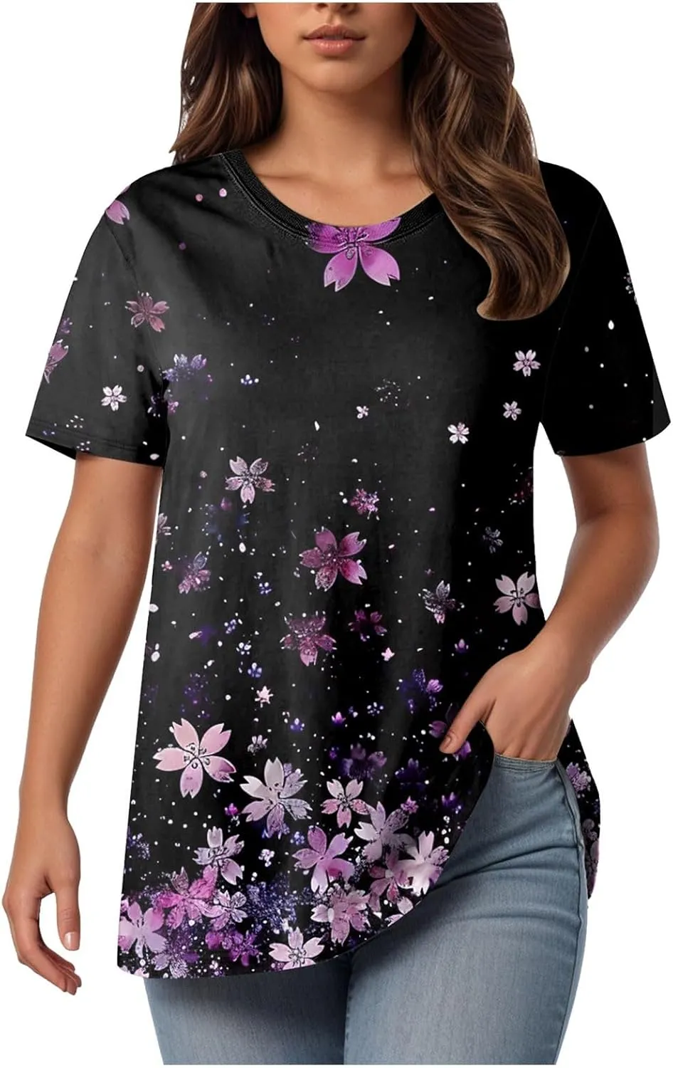 Summer Tops for Women 2025 Trendy Short Sleeve Boho Shirts Retro Floral Plus Size Casual Crewneck Tshirt