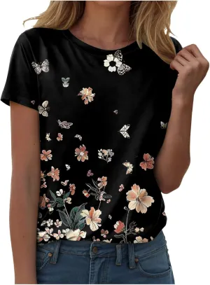 Summer Tops for Women 2025 Trendy Short Sleeve Boho Shirts Retro Floral Plus Size Casual Crewneck Tshirt