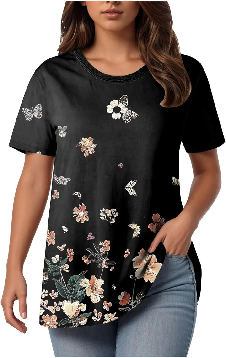 Summer Tops for Women 2025 Trendy Short Sleeve Boho Shirts Retro Floral Plus Size Casual Crewneck Tshirt