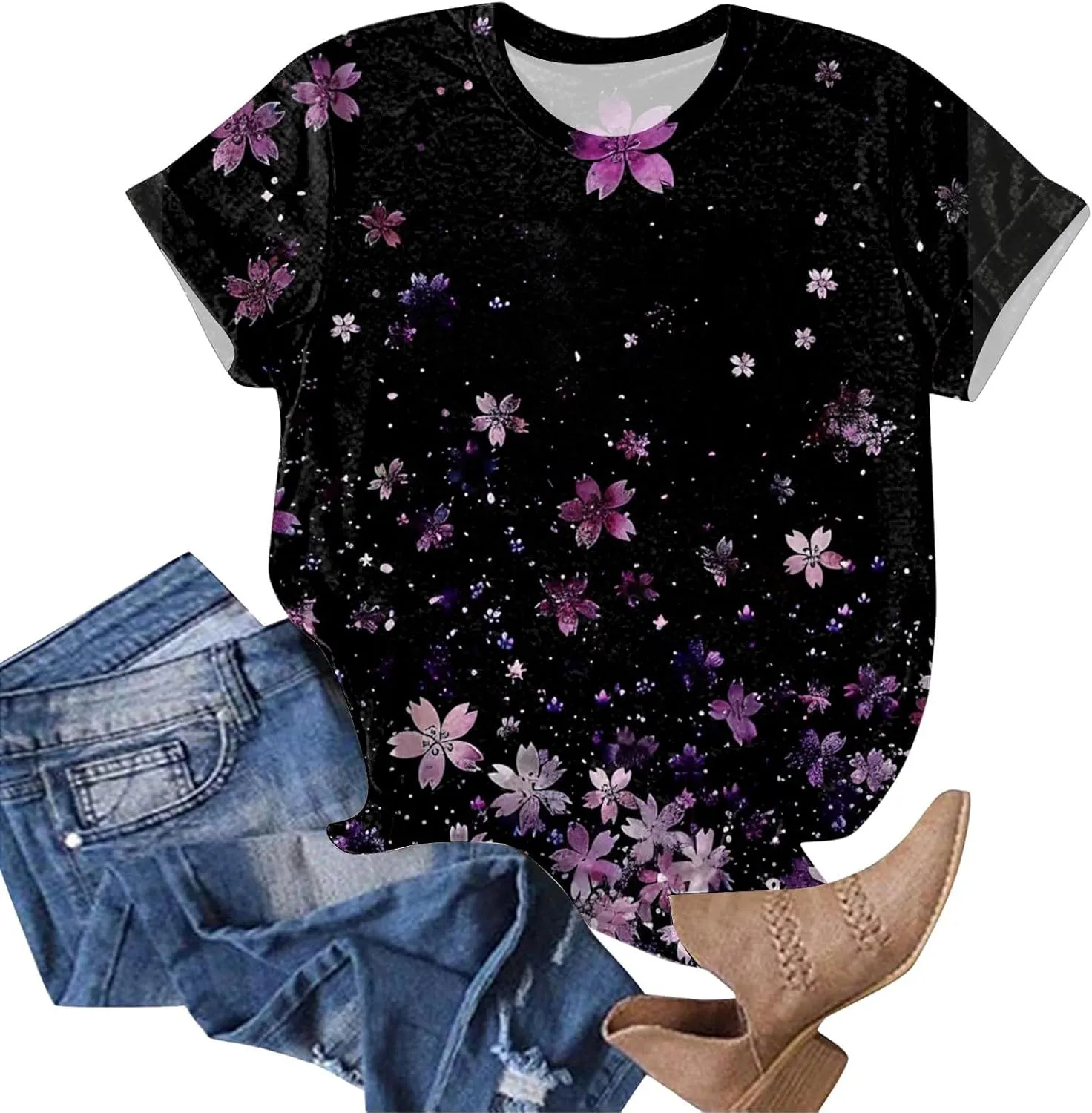 Summer Tops for Women 2025 Trendy Short Sleeve Boho Shirts Retro Floral Plus Size Casual Crewneck Tshirt