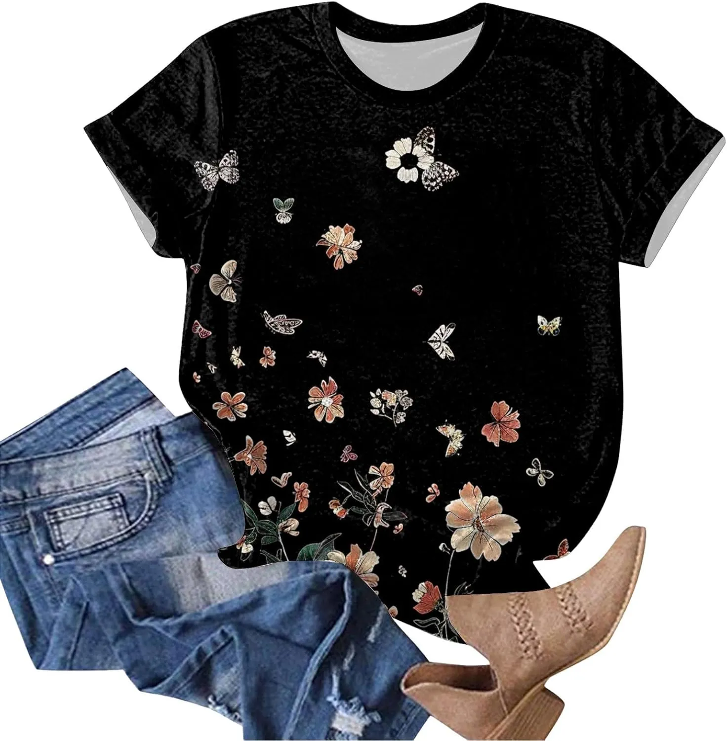 Summer Tops for Women 2025 Trendy Short Sleeve Boho Shirts Retro Floral Plus Size Casual Crewneck Tshirt