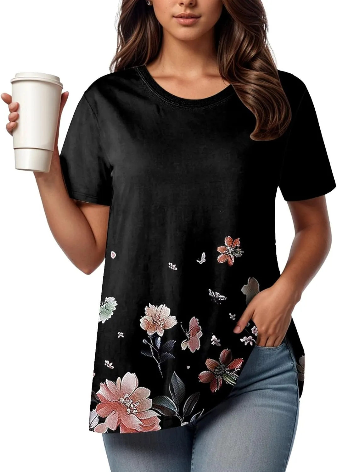 Summer Tops for Women 2025 Trendy Short Sleeve Boho Shirts Retro Floral Plus Size Casual Crewneck Tshirt