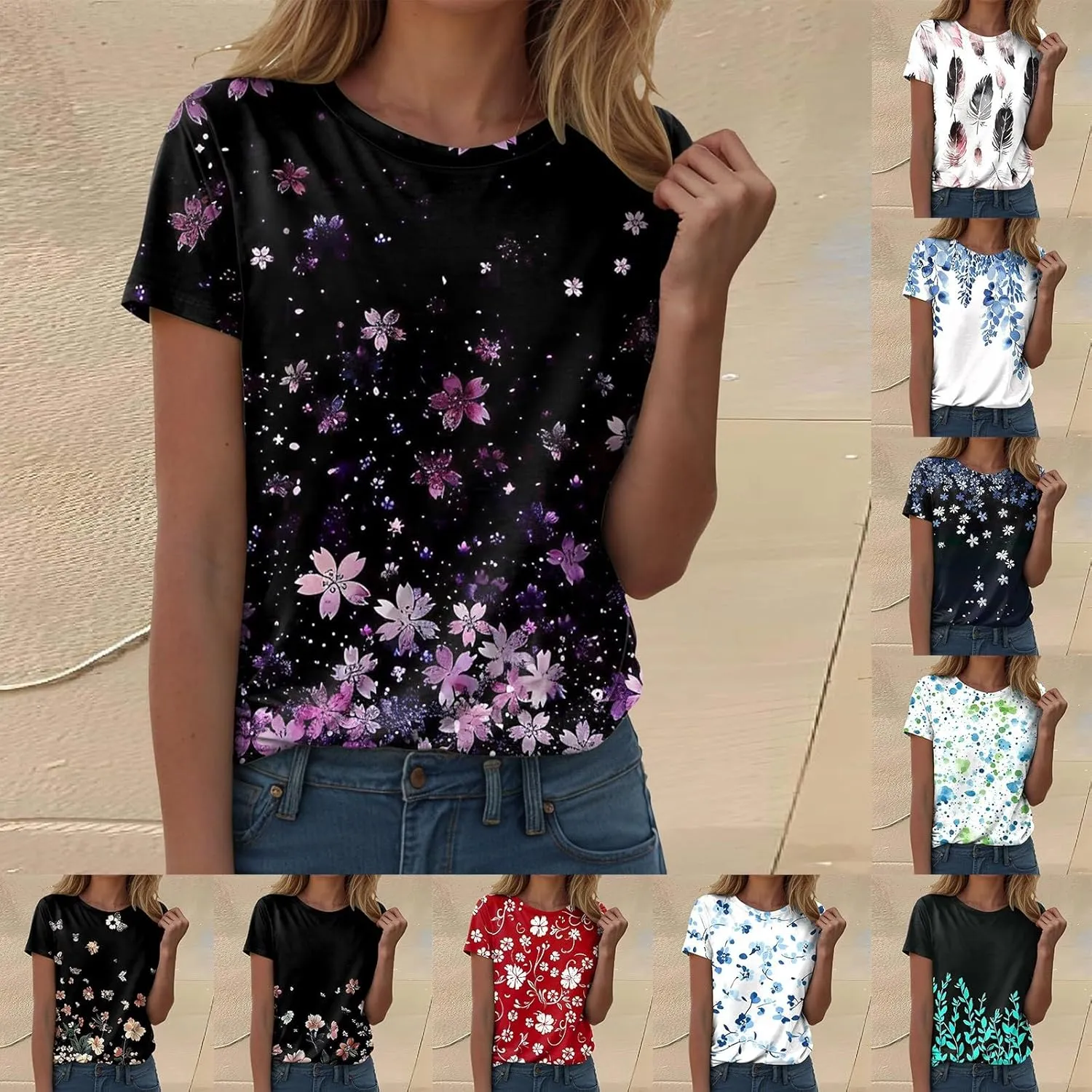 Summer Tops for Women 2025 Trendy Short Sleeve Boho Shirts Retro Floral Plus Size Casual Crewneck Tshirt
