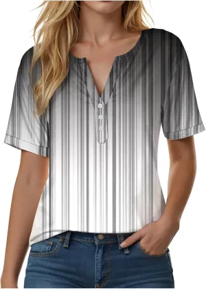 Summer Tops for Women 2025 Trendy Vacation Short Sleeve Button V Neck T Shirt Boho Casual Fashion Spring Clothes