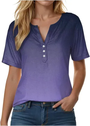 Summer Tops for Women 2025 Trendy Vacation Short Sleeve Button V Neck T Shirt Boho Casual Fashion Spring Clothes