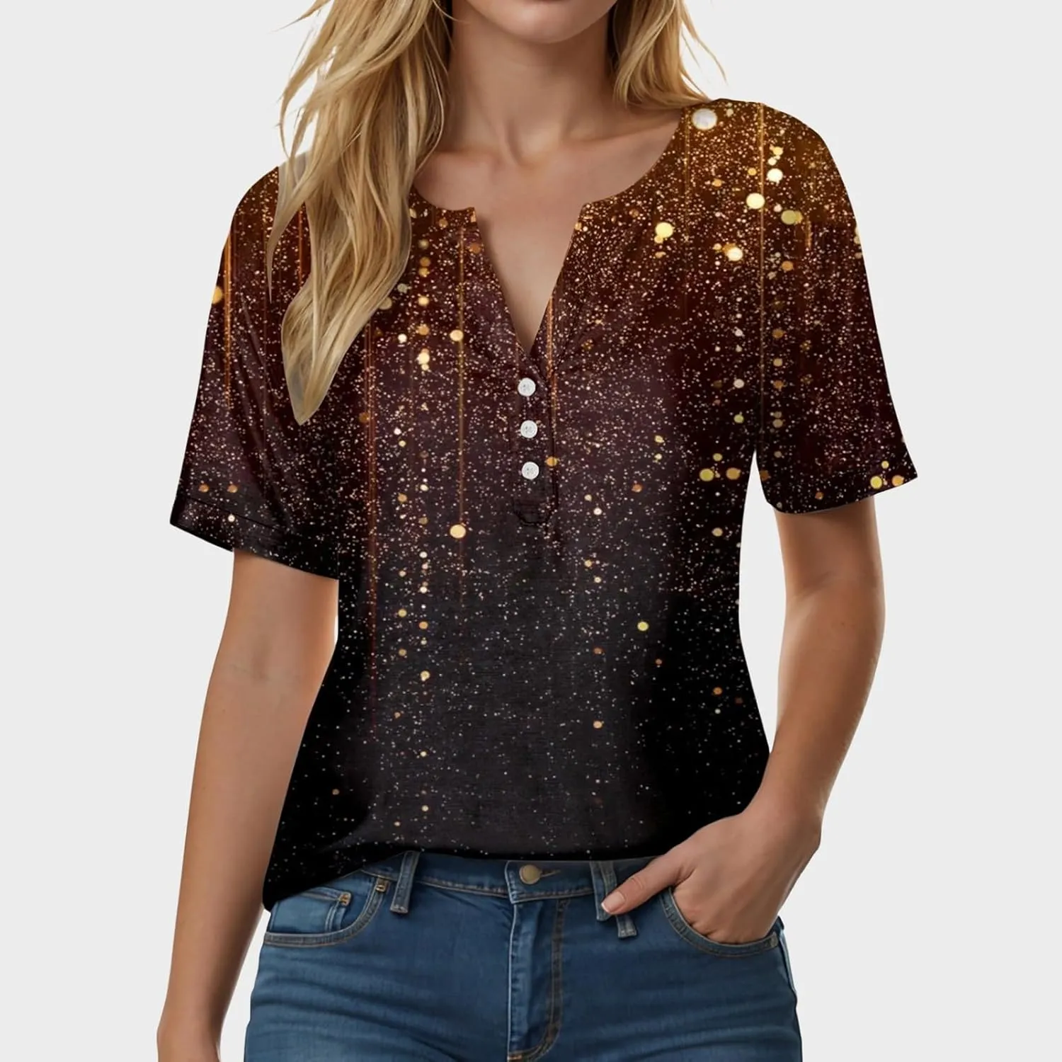 Summer Tops for Women 2025 Trendy Vacation Short Sleeve Button V Neck T Shirt Boho Casual Fashion Spring Clothes