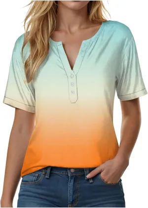 Summer Tops for Women 2025 Trendy Vacation Short Sleeve Button V Neck T Shirt Boho Casual Fashion Spring Clothes