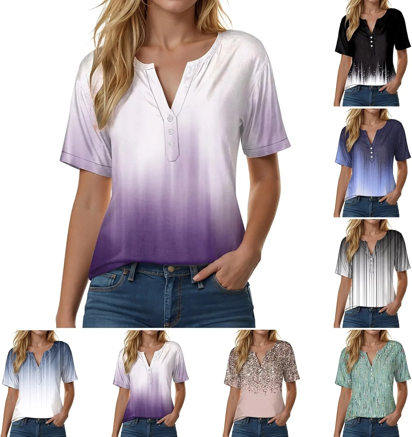 Summer Tops for Women 2025 Trendy Vacation Short Sleeve Button V Neck T Shirt Boho Casual Fashion Spring Clothes
