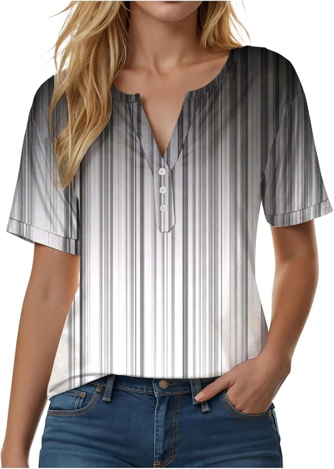 Summer Tops for Women 2025 Trendy Vacation Short Sleeve Button V Neck T Shirt Boho Casual Fashion Spring Clothes