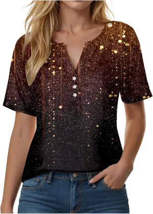 Summer Tops for Women 2025 Trendy Vacation Short Sleeve Button V Neck T Shirt Boho Casual Fashion Spring Clothes