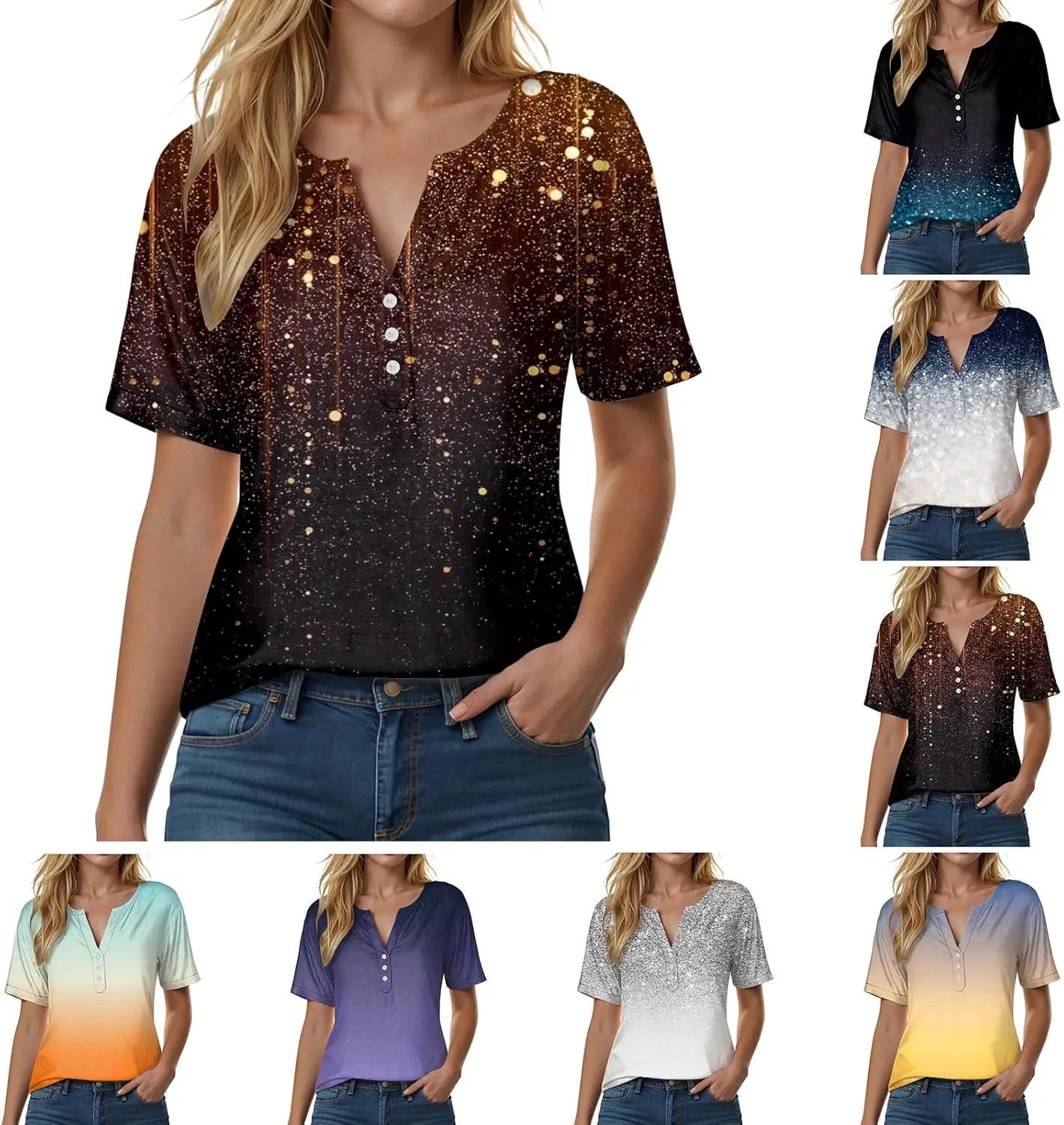 Summer Tops for Women 2025 Trendy Vacation Short Sleeve Button V Neck T Shirt Boho Casual Fashion Spring Clothes