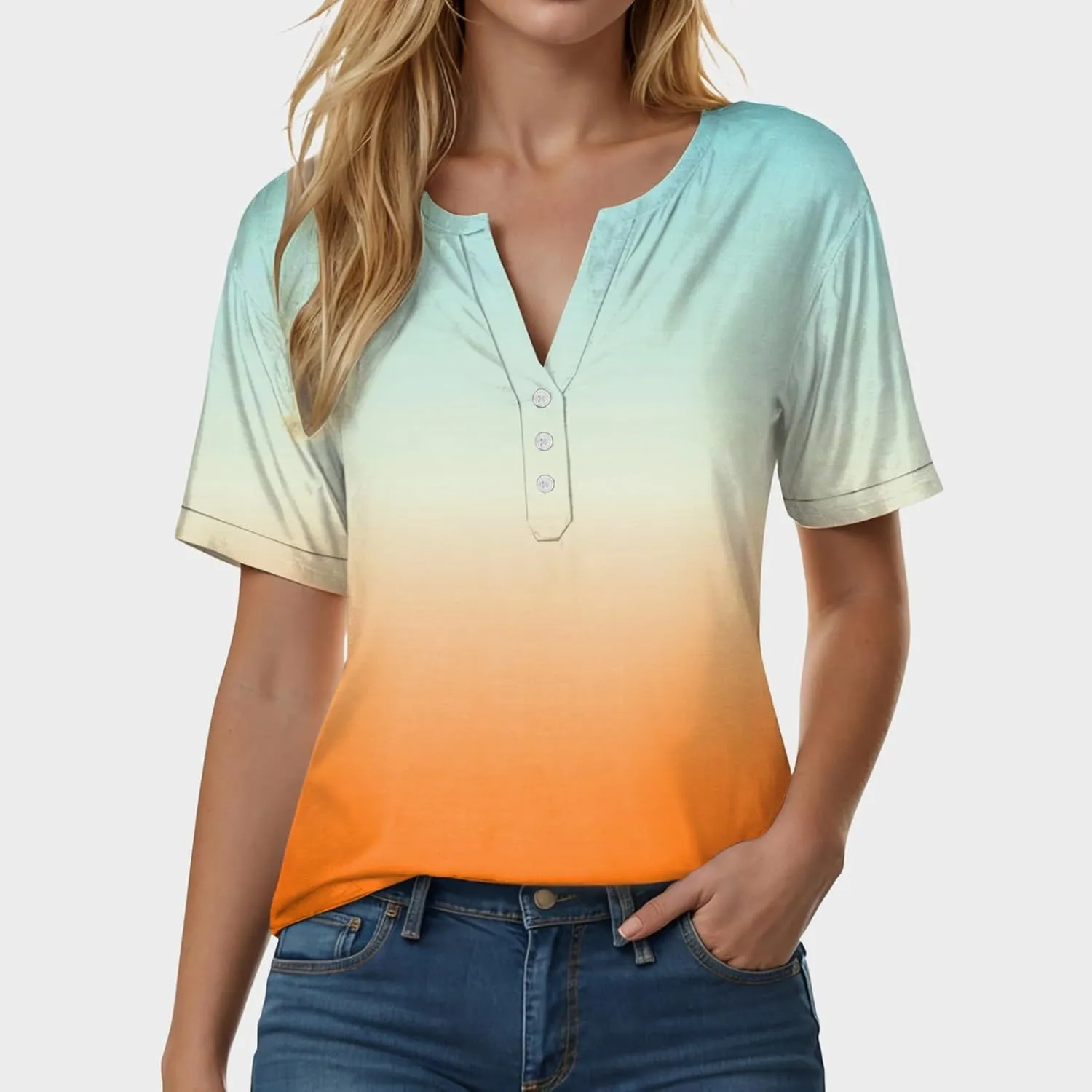 Summer Tops for Women 2025 Trendy Vacation Short Sleeve Button V Neck T Shirt Boho Casual Fashion Spring Clothes