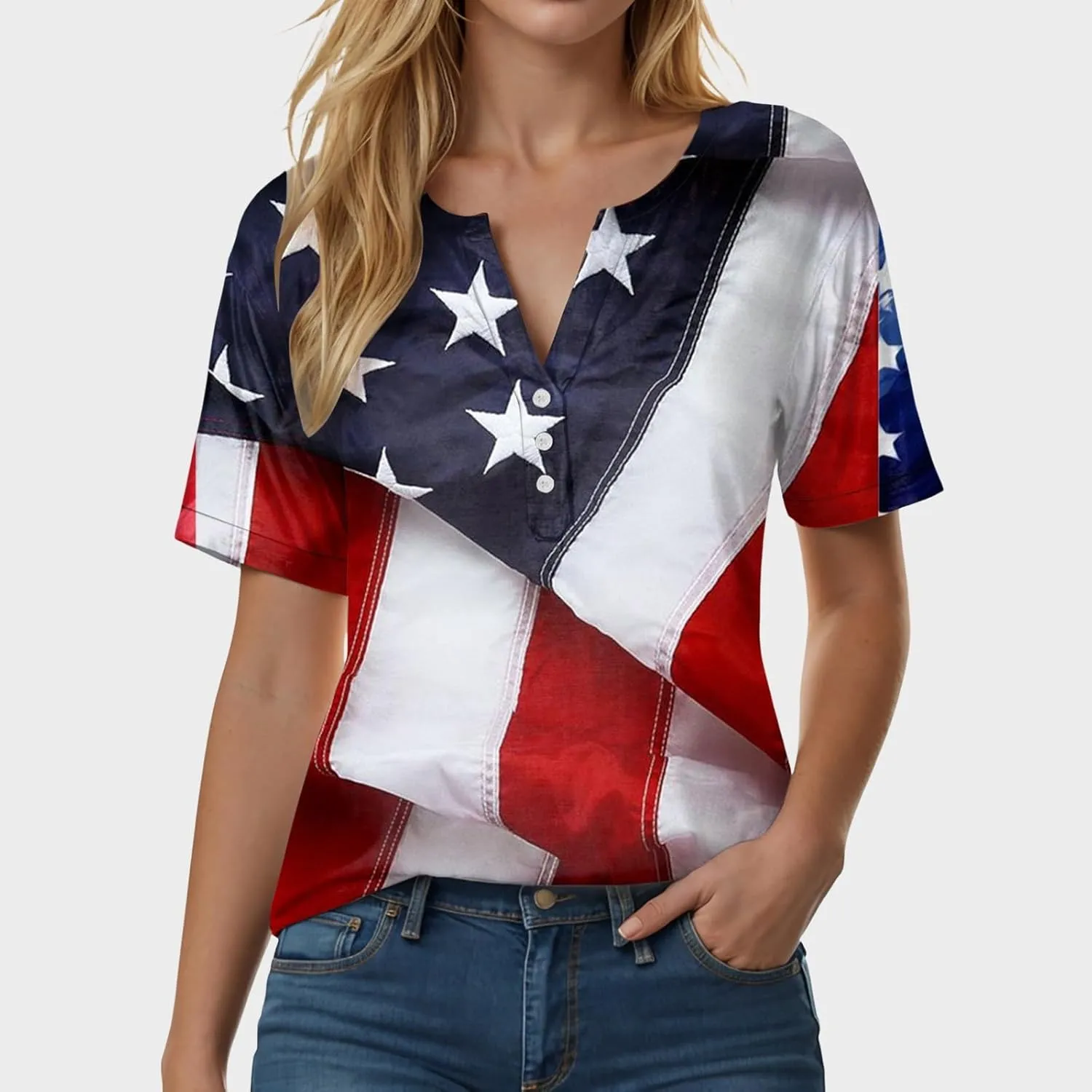 Summer Tops for Women 2025 Trendy Vacation Short Sleeve Button Vneck Shirt Loose Fitted Boho Graphic Tee Fashion