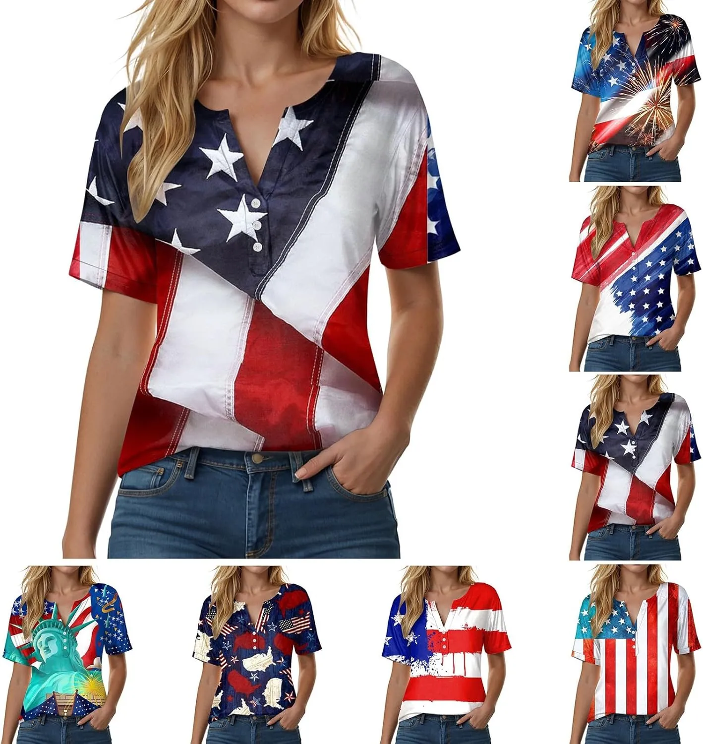 Summer Tops for Women 2025 Trendy Vacation Short Sleeve Button Vneck Shirt Loose Fitted Boho Graphic Tee Fashion
