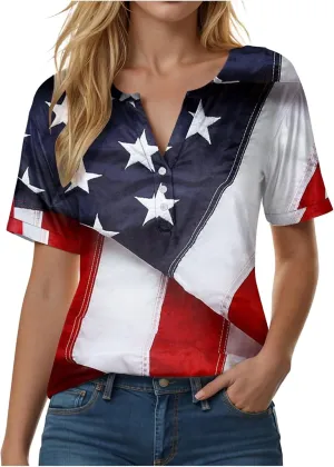 Summer Tops for Women 2025 Trendy Vacation Short Sleeve Button Vneck Shirt Loose Fitted Boho Graphic Tee Fashion