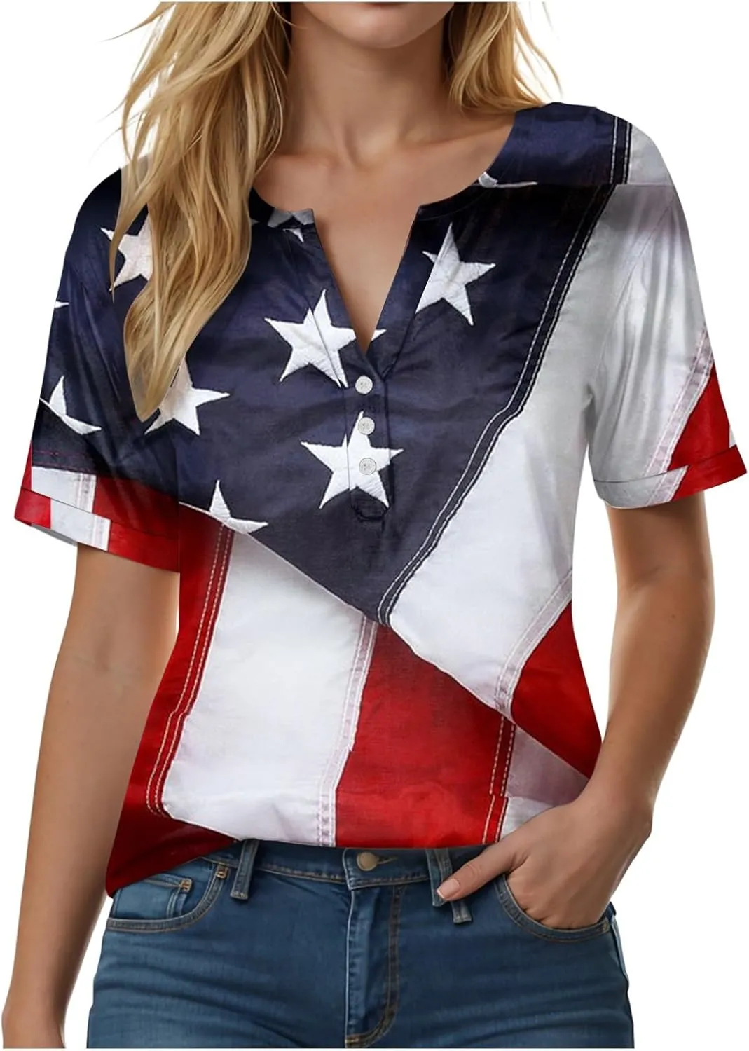 Summer Tops for Women 2025 Trendy Vacation Short Sleeve Button Vneck Shirt Loose Fitted Boho Graphic Tee Fashion