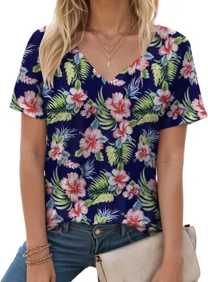 Summer Tops for Women 2025 V Neck Short Sleeve Shirts Trendy Dressy Casual Vacation Outfits Printed Shirts