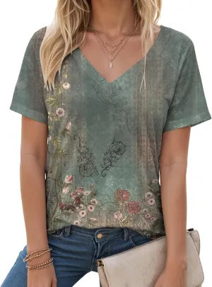 Summer Tops for Women 2025 V Neck Short Sleeve Shirts Trendy Dressy Casual Vacation Outfits Printed Shirts