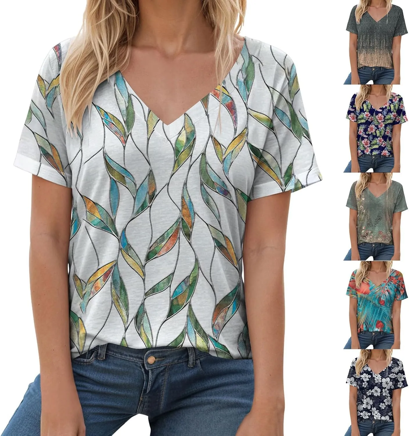 Summer Tops for Women 2025 V Neck Short Sleeve Shirts Trendy Dressy Casual Vacation Outfits Printed Shirts