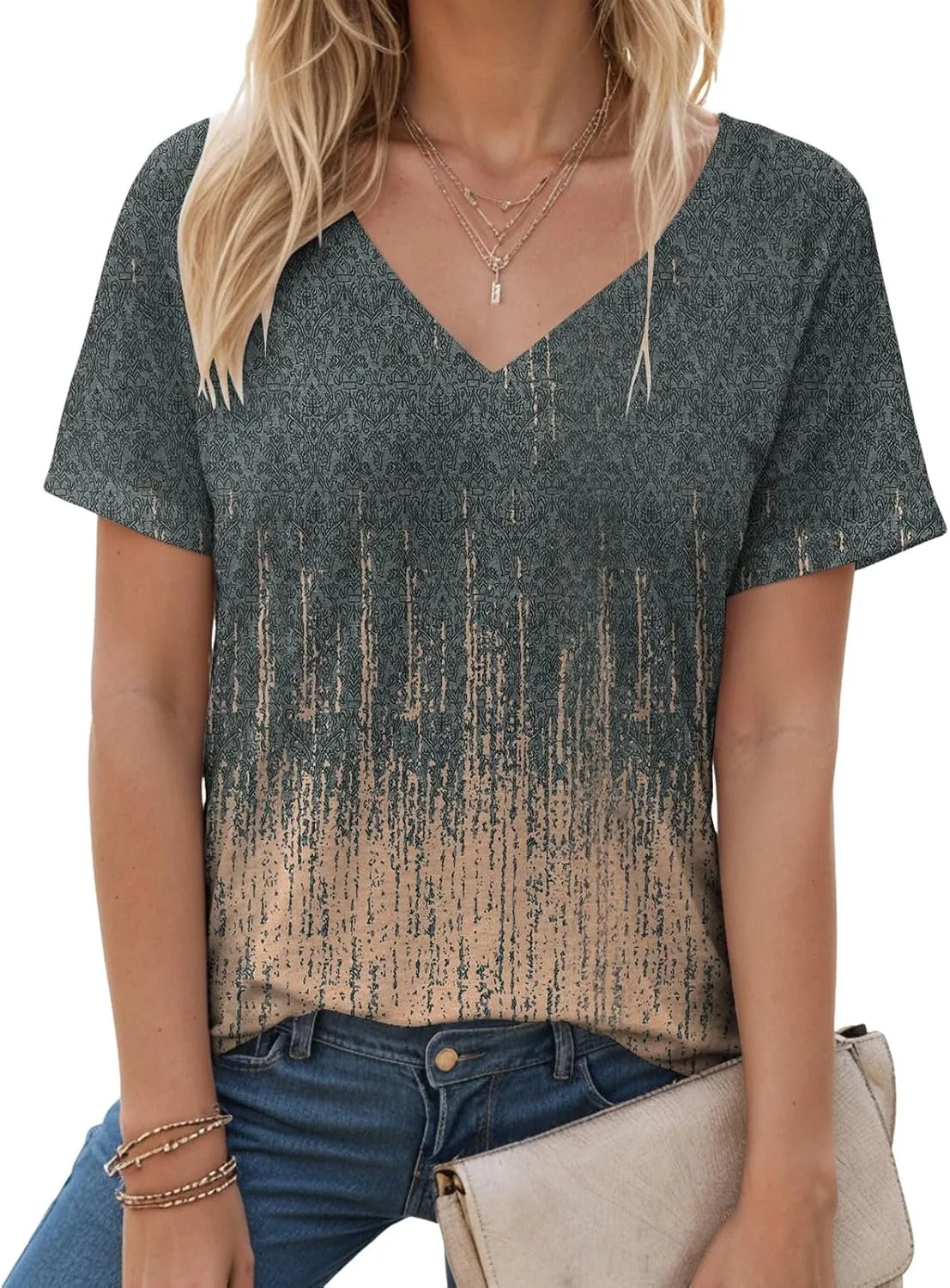 Summer Tops for Women 2025 V Neck Short Sleeve Shirts Trendy Dressy Casual Vacation Outfits Printed Shirts
