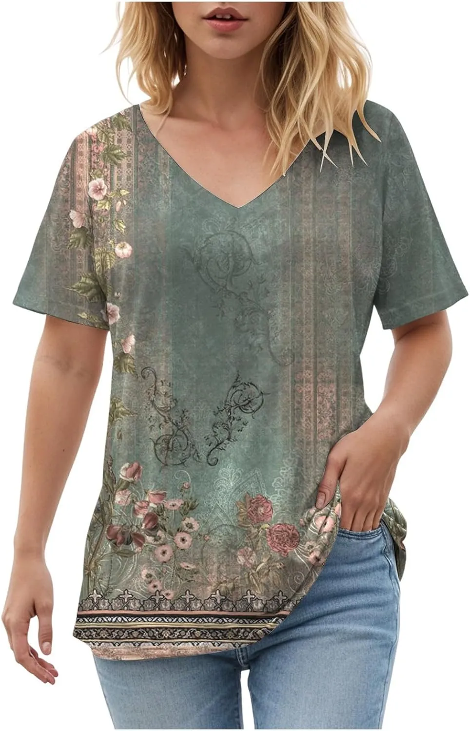 Summer Tops for Women 2025 V Neck Short Sleeve Shirts Trendy Dressy Casual Vacation Outfits Printed Shirts