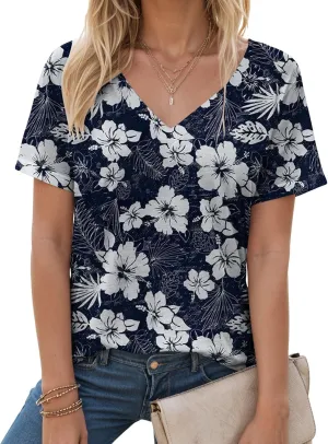 Summer Tops for Women 2025 V Neck Short Sleeve Shirts Trendy Dressy Casual Vacation Outfits Printed Shirts